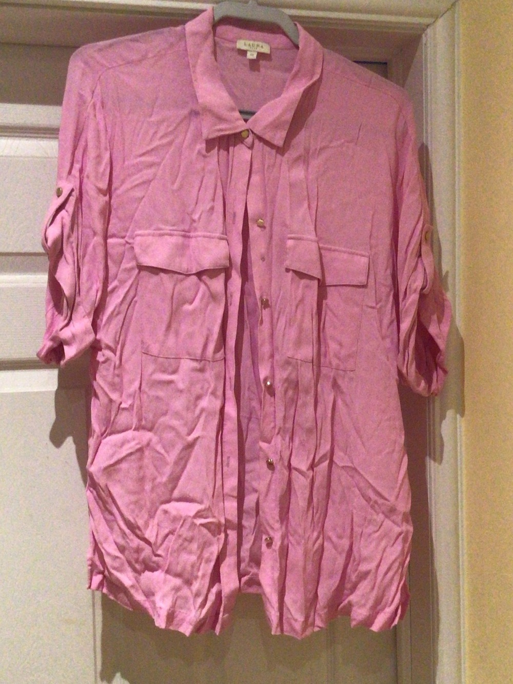 Laura Vibrant Pink Button-Front Utility Shirt with Roll-Tab Sleeves